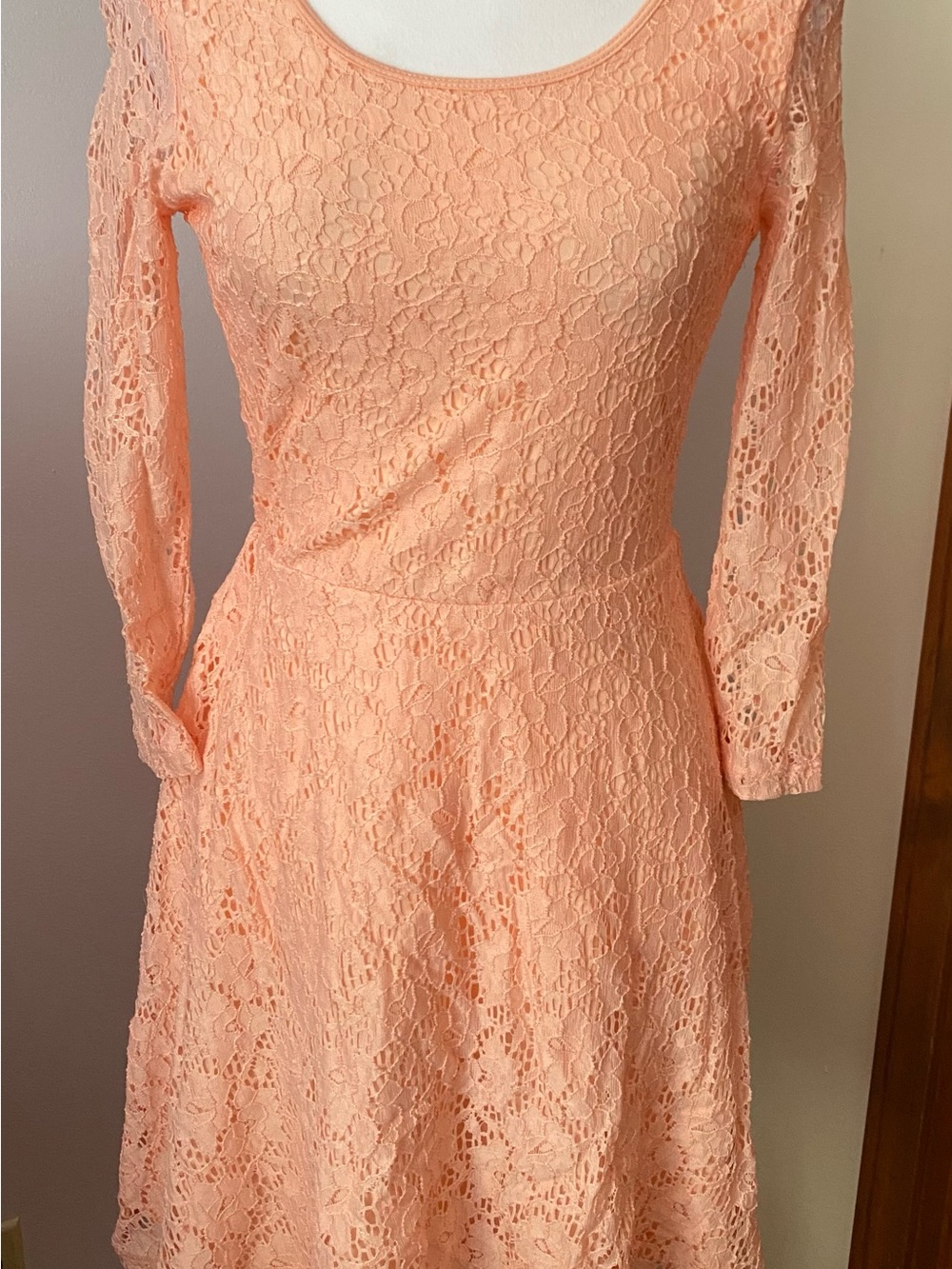 Derek Heart Peach Lace Long-Sleeve Fit & Flare Dress